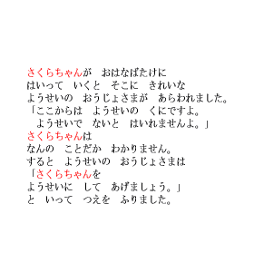 P8 「主人公」が　おはなばたけに　はいっていくと　そこに　きれいな　ようせいのおうじょさまが　あらわれました。