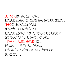 P7 「主人公」は　ずっとまえから　おたんじょうかいの　ことをかんがえていました。