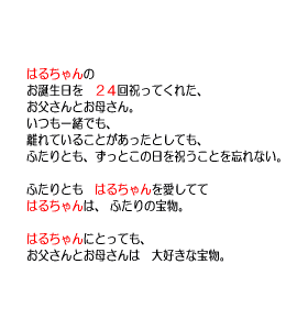 P20 「主人公」の誕生日を祝ってくれた、お父さんとお母さん。